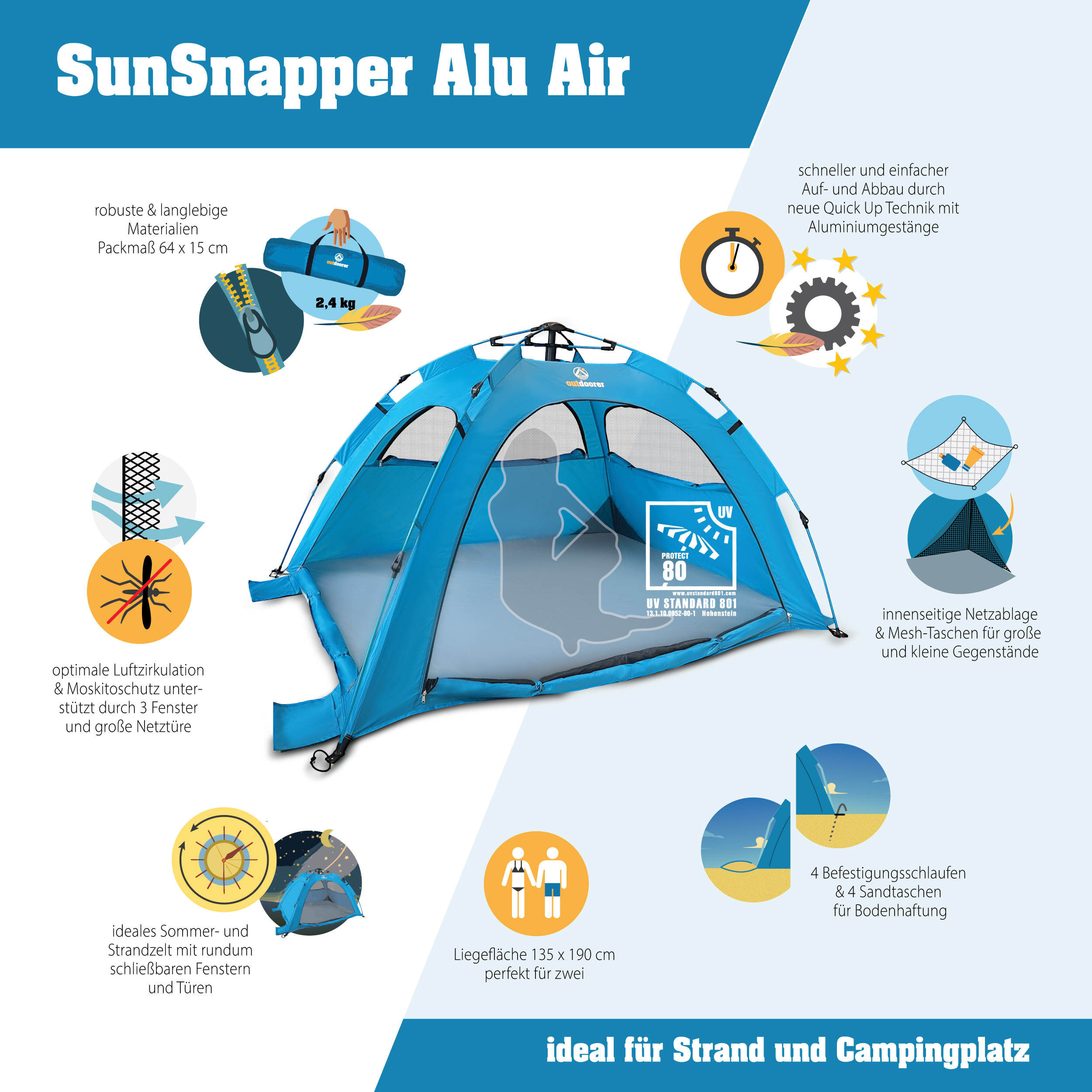 Sun Snapper Alu Air - Quick up-Strandmuschel mit Schnellaufbau-System - Sonnenzelt mit Alu-Gestänge