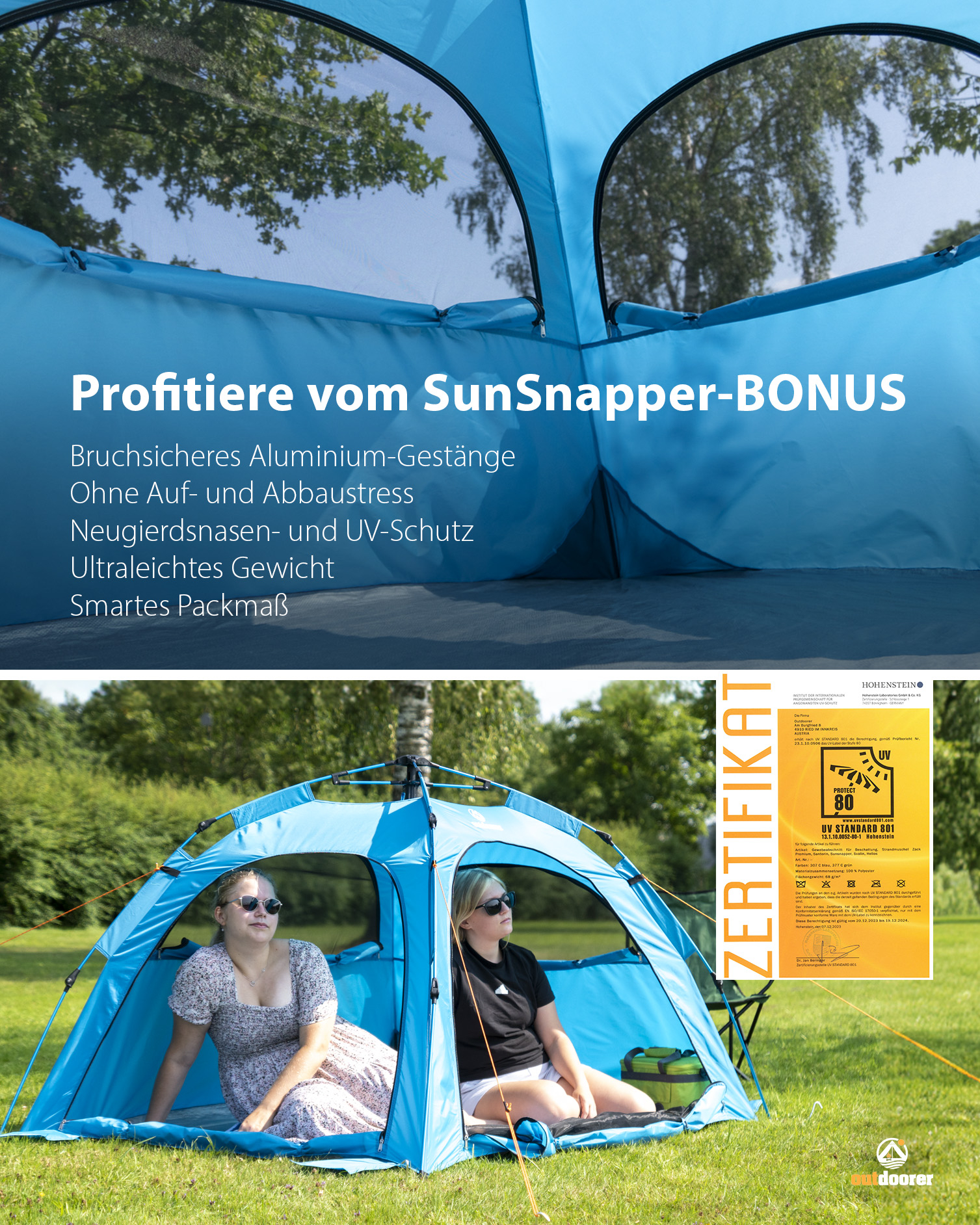 Sun Snapper Alu Air - Quick up-Strandmuschel mit Schnellaufbau-System - Sonnenzelt mit Alu-Gestänge